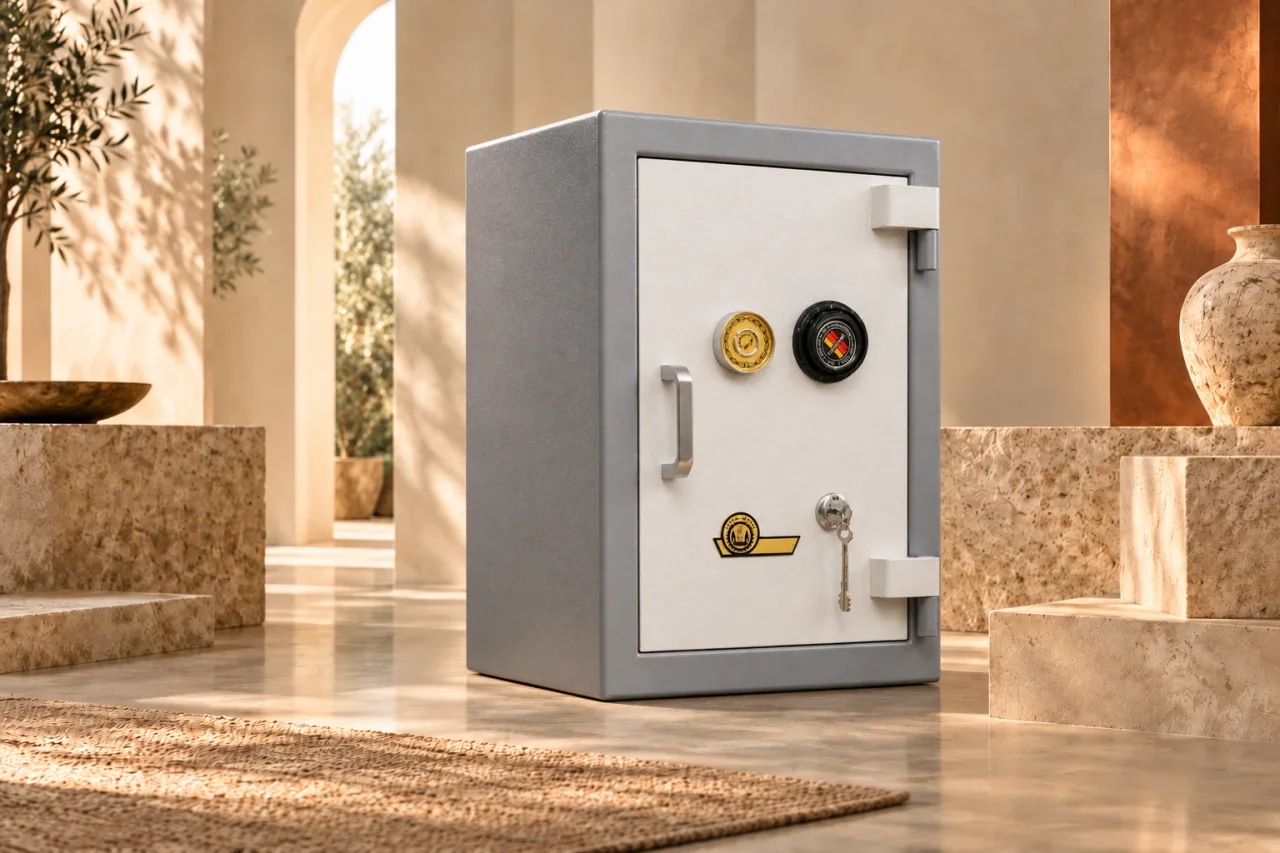 بازآفرینی گاوصندوق جهان صنعت JS-250-KR با بدنه طوسی، در روشن، رمز مکانیکی و دستگیره عمودی، در صحنه سنگی ساخته‌شده با هوش مصنوعی.